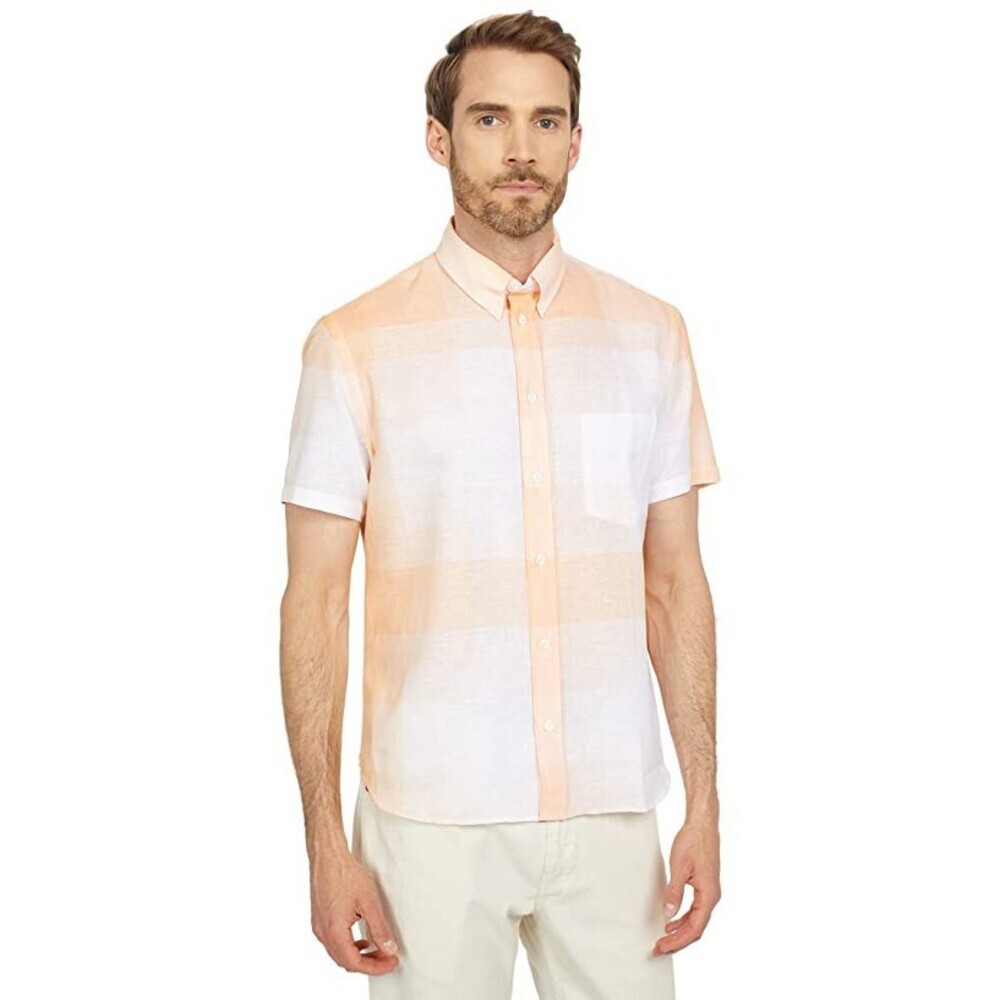 Billy Reid John Shirt Mens S Orange White Plaid Short Sleeve Button Down RED03